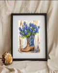 Texas Bluebonnet & Cowboy Boot Art Print | Rustic Western Decor