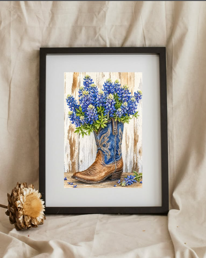 Texas Bluebonnet & Cowboy Boot Art Print | Rustic Western Decor