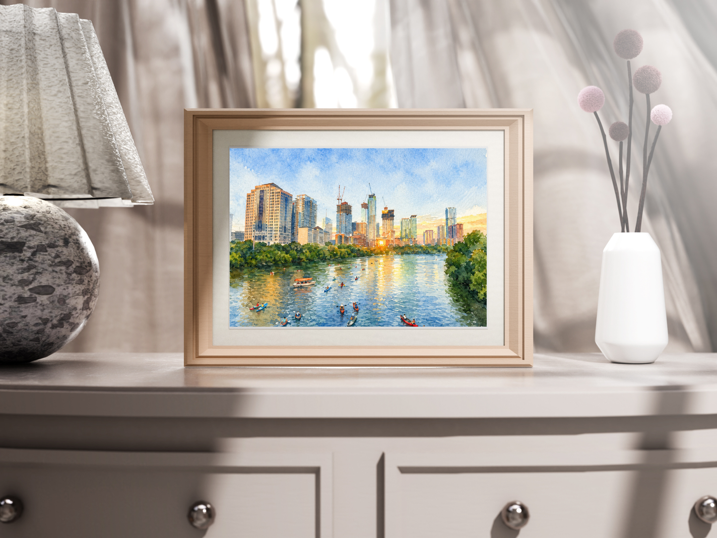 🌅 Watercolor Austin Skyline Sunset Art Print – High-Quality Fine Art Print